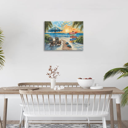 Beach Ocean Bathroom Pictures Wall Art, Seaside Coastal Bathroom Wall Decor, Sunrise Framed Painting Canvas Artwork for Bedroom Living Room Decorations 20"L x 16"W