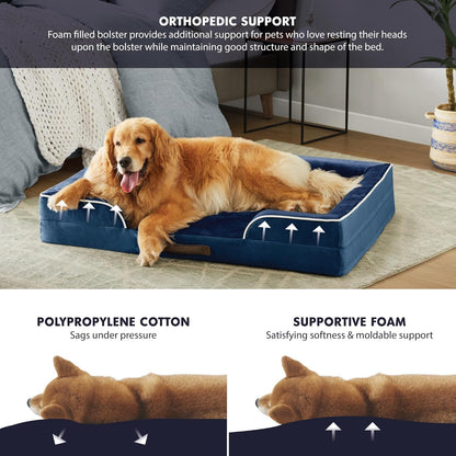 Friends Forever Orthopedic Dog Bed, Bolster Dog Bed with Memory Foam Pet Couch Sofa and Removable Washable Cover, Ally Navy, 42x32x7