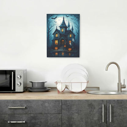 Halloween Gothic Wall Art Castle Pumpkin Ghost Bat Canvas Wall Decor Dark Academia Pictures Painting Print Framed Artwork Decorations Gifts for Halloween Living Room Bedroom Office 12"x16"