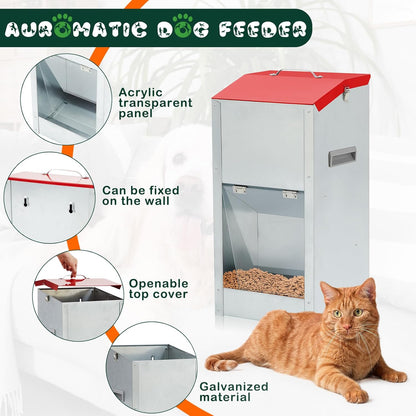 2 Pcs 15 Lbs Large Automatic Dog Feeders with Handle Acrylic Panel Galvanized Gravity Feeder Outdoor Hanging for Doggie Breed Dog Food Dispenser Container(Red)