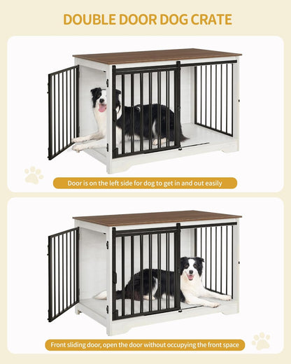 39.4" Heavy Duty Dog Crate Furniture with Barn Door, Wood Indoor Dog Crate Kennel for Small/Medium/Large Dogs, End Side Table, TV Stand, Anti-Chew Anti-Escape, White Brown DFC02314B