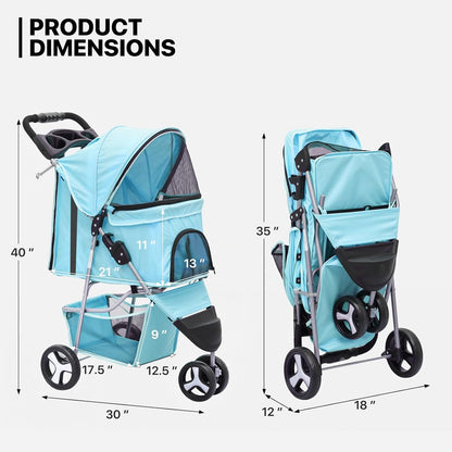 MoNiBloom 3 Wheels Pet Dog Cat Stroller for Small Medium Dogs Cats, Lightweight Foldable Jogger Stroller w/Storage Basket and Cup Holder, Mint Green