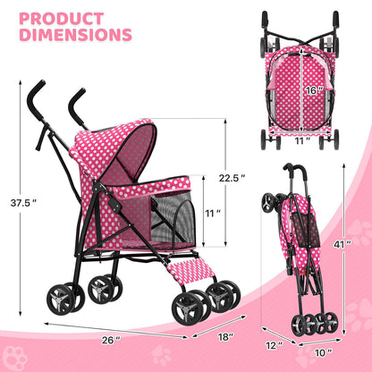 Magshion Compact Pet Stroller for Small-Medium Dogs/Cats up to 22lbs, 4-Wheel Lightweight Umbrella Shaped Portable Puppy Travel Jogger with Breathable Mesh & Rear Storage, Pink Polka Dots