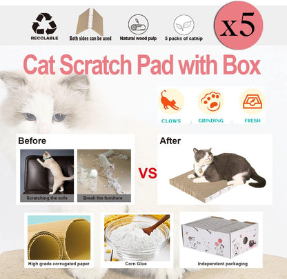 5 Packs in 1 Cat Scratch Pad with Box, Cat Scratcher Cardboard,Reversible,Durable Recyclable Cardboard, Suitable for Cats to Rest, Grind Claws and Play with Scratch Box