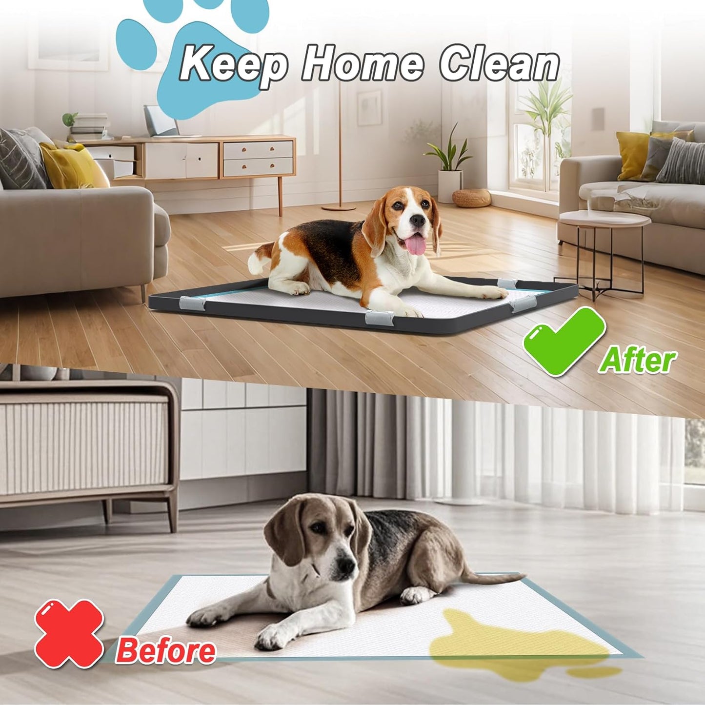 Pee Pad Tray Holder for Dog,Silicone Dog Puppy Pad Holder,24" x 24" No Spill Raised Lip High Edge Leak-Proof Mat Holder for Training Pads,Square Potty Trays for Home Floor Protection 6 Clamps