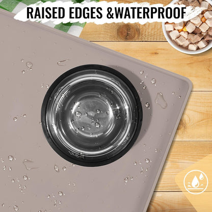 MateeyLife Dog & Cat Food Mat, Waterproof & Nonslip Silicone Feeding Mats for Dogs and Cats, Raised Edge Tray for Messy Drinkers, 22"x14", Taupe