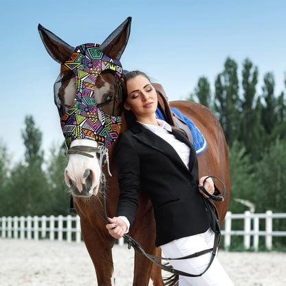 Qualirey12 Pieces Horse Fly Mask Bulk Comfortable Elasticity Mask for Horses with Ears Net UV Protection Breathable Horse Supplies Face Covering for Horse Pony and Foal (Geometric Patterns, Medium)