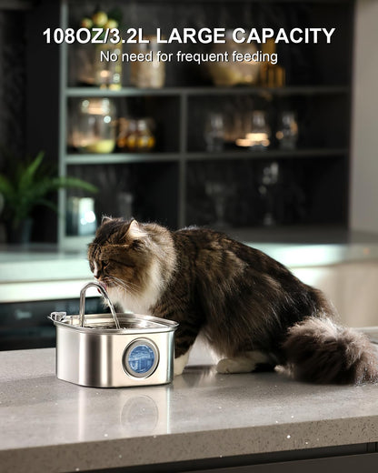 Cat Water Fountain, 3.2L/108oz Stainless Steel Pet Water Fountain, cat Fountain with Super Quiet &Transparent Window Design- Water Fountains for Cats Indoor