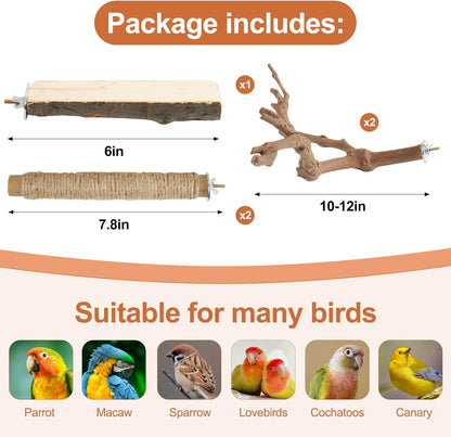 Bird Perch Stand, Pole Standing Natural Wood Bird Perch Set 5PCS Paw Grinding Fork Parrot Cage Branch with Rope for Macaw African Grey Amazon Pet Medium Birds Cage Accessories