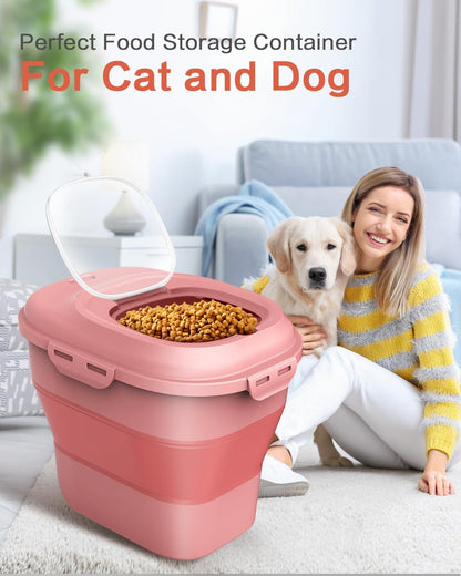 ANVS Dog Food Storage Container - Collapsible Dog Food Container with Airtight Lids, Scoop and 2.5L Small Pet Food Storage Container Dry Food For Dog, Cat and Other Pet Food (Pink, 30 lbs)