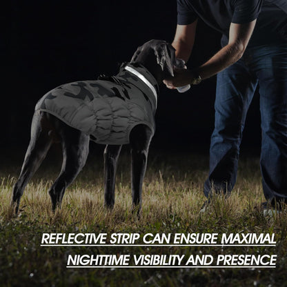 FUAMEY Dog Coat for Medium Dogs,Waterproof Dog Winter Jacket with Harness Built in Puppy Cold Weather Coats Reflective Pet Vest with Zipper Warm Fleece Dogs Snowsuit Windproof Grey Camo M