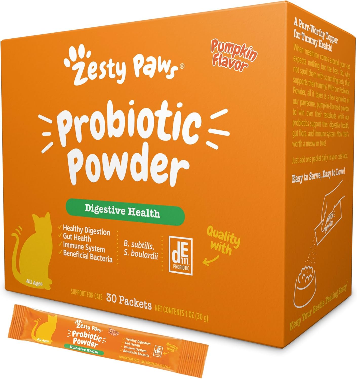Zesty Paws Powder Probiotics for Cats - Meal Topper for Digestive, Immune System Support for Feline Biome - Premium DE111 Cat Probiotics for Digestive Health - Fiber & Yeast Extract - Pumpkin - 30 Ct
