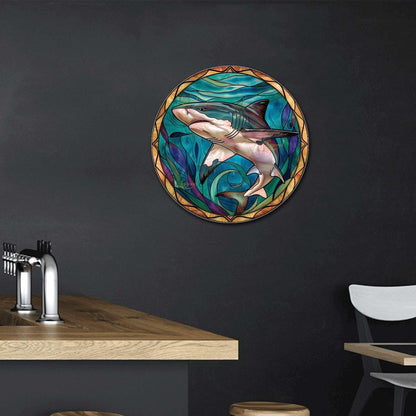 Lygond Metal Sign Tin Sign Circular Stained Glass Shark Decor Outdoor for Patio 12×12 Inches