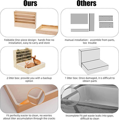 2 in 1 Wooden Rabbit Hay Feeder Box Safe Bunny Feeder Manger Grass Food Holder Rack Hay Holder with Toilet Rabbit Hay Feeder with Litter Pan Designed for Rabbits Guinea Pig Hamster Small Animals