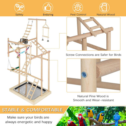Pet Parrot Playstand Parrots Bird Playground Bird Play Stand Wood Perch Gym Playpen Ladder with Feeder Cups Bells for Cockatiel Parakeet (4 Layers)
