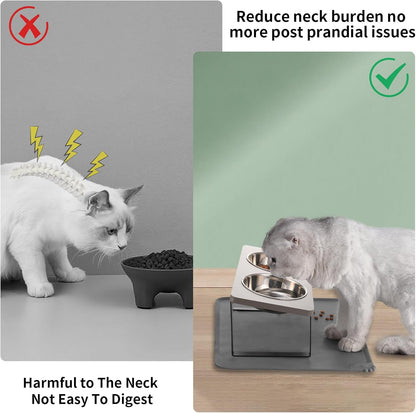 Upgraded Elevated Cat Bowls with Food Mat,15°Tilted Stand Anti Vomiting Raised Cat Dishes for Food and Water,2 Stainless Steel Bowls for Cats and Puppy（Gray）