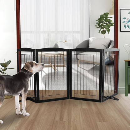 ZJSF Freestanding Dog Fence Indoor, Foldable Dog Gate for Doorways, Stairs or Hallways, Sturdy Wood Extra Wide Pet Gate with Support Feet for The House, Black, 32 "Height-4 Panels