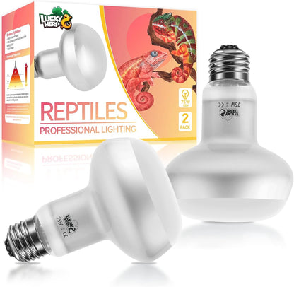 LUCKY HERP Intense Heat Lamp Bulbs for Reptiles 75W 2 Pack, UVA Daylight Reptile Heat Lamp, Reptile Basking Heat Light Bulb for Amphibian, Tortoise, Bearded Dragon, Lizard, Turtle, Snake Heating Use