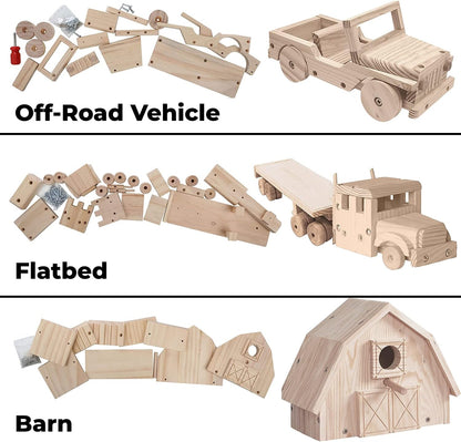 Kraftic Woodworking Building Kit for Kids and Adults, Set of 3 Educational DIY Carpentry Construction Wood Model Kit Toy Projects for Boys and Girls - Off-Road Vehicle, Flatbed Truck, Barn Birdhouse
