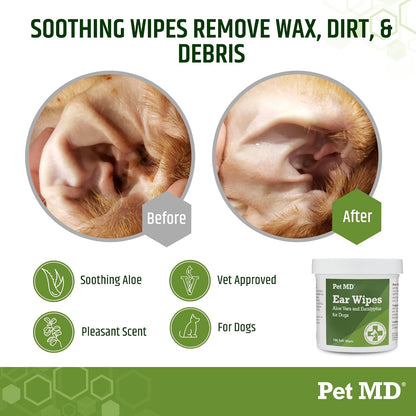 Pet MD Dog Ear Cleaning Wipes with Aloe and Eucalyptus + Veterinary Tris Flush Cat & Dog Ear Cleaner