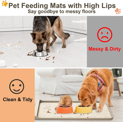 Silicone Dog Feeding Mat - 36" x 24" Large Pet Mat with Residue Collection Pocket and High Edges - Waterproof Mat for Dog and Cat Bowls