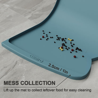 OHMO Dog Food Mat(Light Blue, 24 * 15'') w/Residue Collection Pocket Silicone Pet Feeding Mat for Floor High Edges Anti Spills Waterproof Cat Water Bowl Tray, Easy Clean Placemat