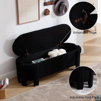 Modern Upholstered Storage Bench, Sherpa Fabric 50" Long Entryway Bench with Storage and Seating, Comfy Cute Ottoman Bench for Living Room/End of Bed/Hallway, Black