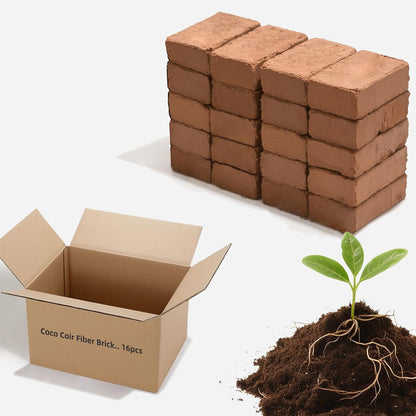 Coco Coir Bricks (16-Pack, Eco-Friendly) -100% Natural Compressed Coco Peat Brick Coconut Fiber Substrate, Plant Soil Enhance Root Growth forVegetable Seed, Herbs, Flowers, House Plants