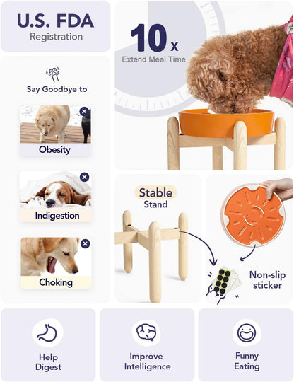 LE TAUCI Ceramic Slow Feeder Puzzle Bowl Elevated 1.5 Cup with Wooden Stand for Small & Medium Dog, Fast Eater Food Bowl Sun Orange