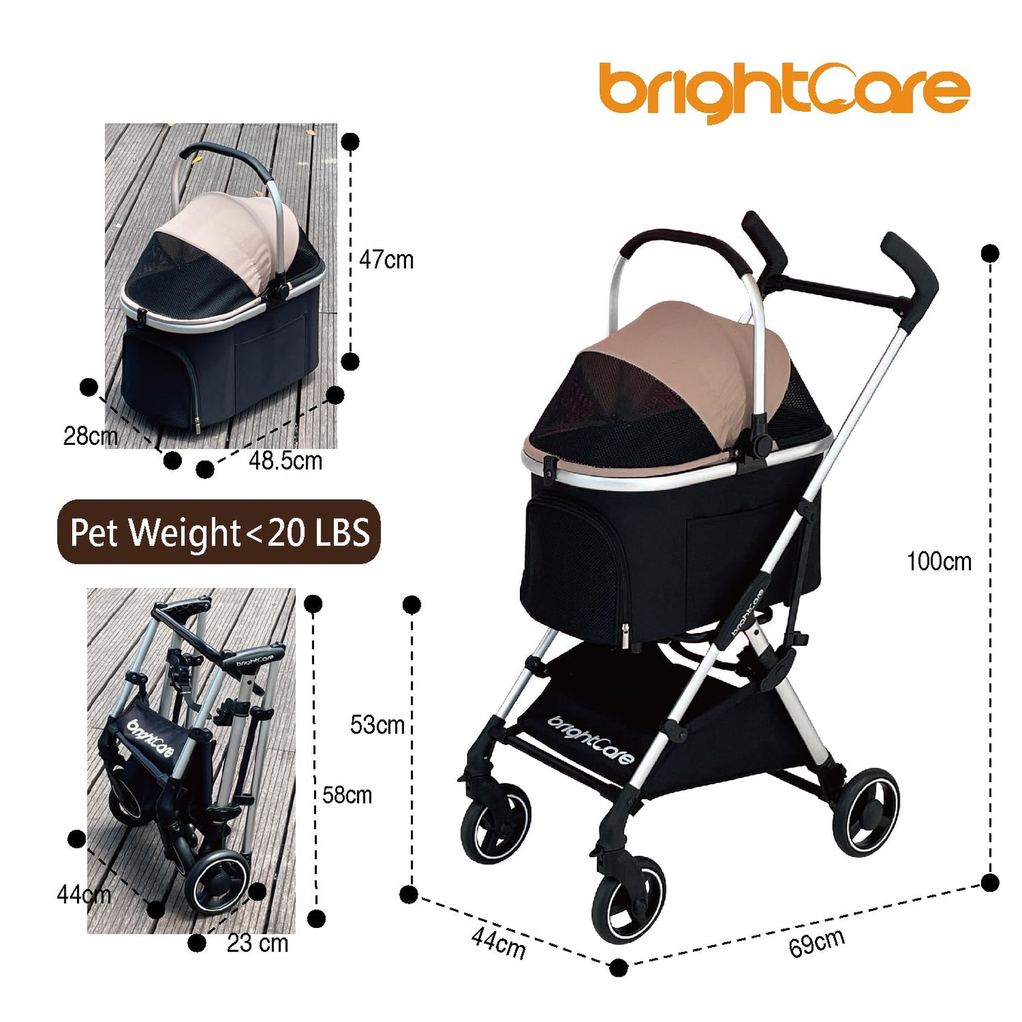 3-in-1 Small Pet Carrier with Stroller for Small Dogs & Cats Under 20 lb – Removable Carrier Converts to Car Seat – Lightweight, One-Hand Fold, No-Zipper Entry