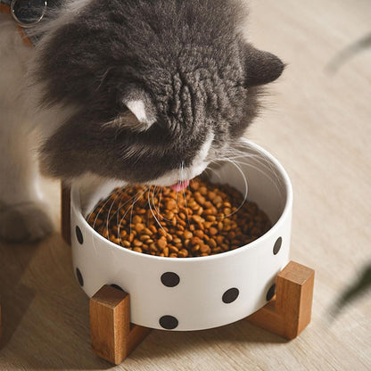 Petygooing Ceramic Dog Bowl Set with Stand - Cat & Dog Food and Water Bowl, Medium Size - Anti-Slip, 28 OZ / 3.6 Cups, Black Dot