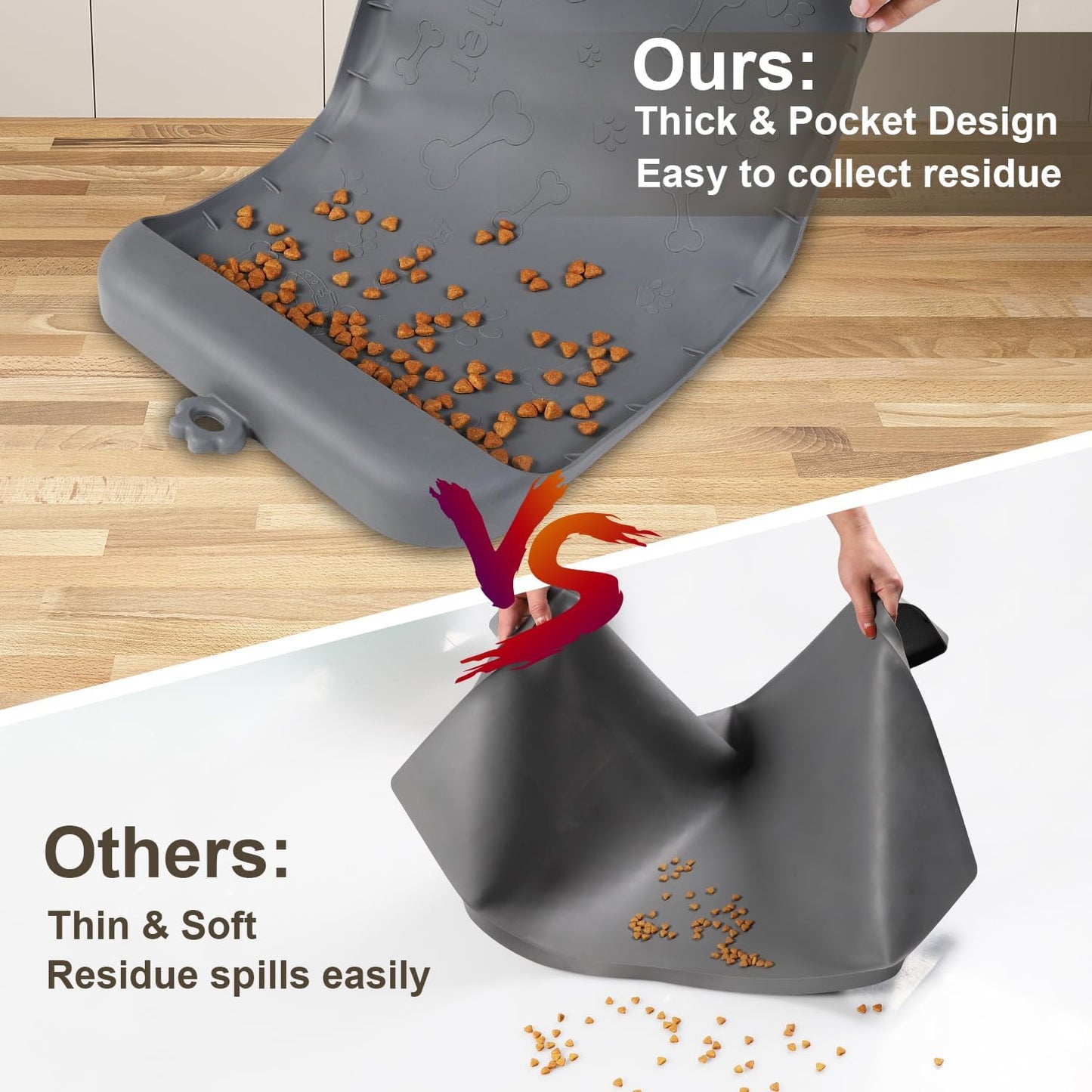 Dog Food Mat - Silicone Dog Mat for Water - 19" x 12" Pet Feeding Mats with Residue Collection Pocket - Waterproof Cat Bowl Mat with High Edges to Prevent Water Food Spills (Gray)