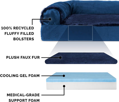 Furhaven Cooling Gel Dog Bed for Large Dogs w/ Removable Bolsters & Washable Cover, For Dogs Up to 125 lbs - Plush & Velvet L Shaped Chaise - Deep Sapphire, Jumbo Plus/XXL
