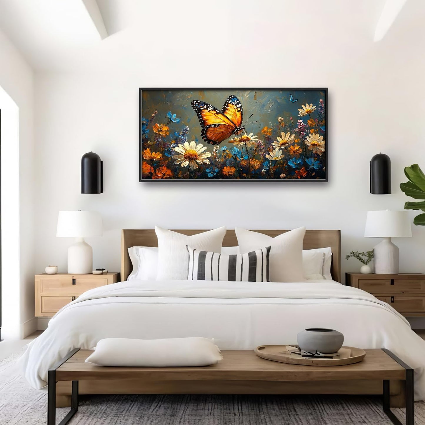 Large Butterfly Daisy Wall Art for Living Room, Floral Landscape Canvas Oversized Wall Decor, Flower Scenery Aesthetics Framed Pictures Painting Print Artwork for Bedroom Office 60"L x 30"W