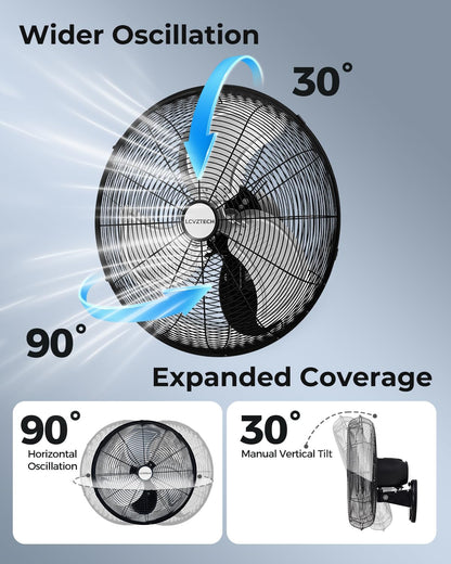 20 inch Wall Mount Fan Oscillating, 3-Speed 5500 CFM High Velocity Industrial Wall Mounted Fan, Heavy Duty Air Circulator for Garage, Shop, Gym, Workshop, Covered Patio - UL Listed