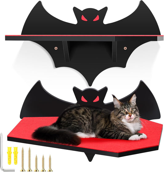 Cat Wall Mount Shelves for Indoor, Gothic Bat Floating Shelf with Coffin Bed Cat Wall Tree Can Load Bearing up to 30 Lbs/ 14 kg