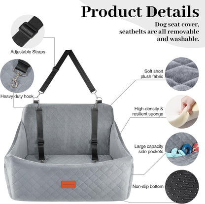 Dog Car Seat for Medium & Large Dogs Up to 55lbs, Memory Foam Cushion, Washable Cover, Safety Straps & Non-Slip Base(Grey,Large)