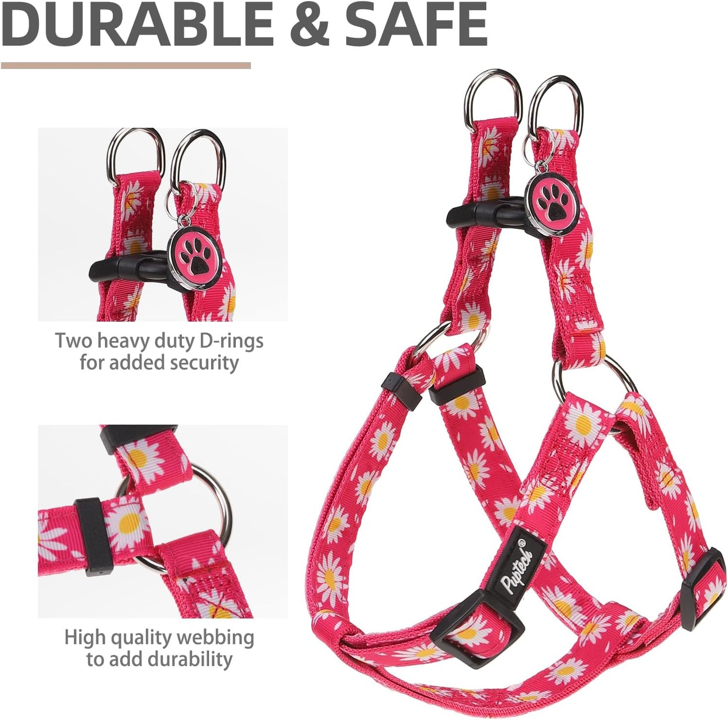 PUPTECK No Pull Dog Harness Soft Adjustable Basic Nylon Step in Puppy Vest Outdoor Walking with ID Tag, Fuchsia Daisy, S