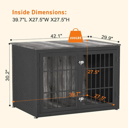 42" Heavy Duty Dog Crate Furniture for Large and Medium Dogs, Enclosed Design Wooden Metal Kennel, Wooden Cage Furniture Indoor, Decorative Dog Kennel End Table