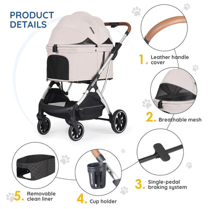 T5 Luxury Pet Stroller for Medium Dog Under 60lbs or 2 Small Dogs & Cats with 180 ̊Canopy, Sun Shades, Auto-Folding Stroller for Multiple Pets（Beige）