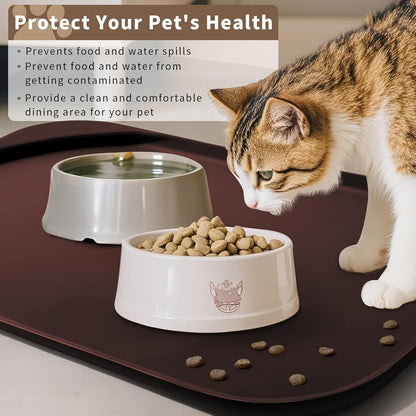 Silicone Pet Feeding Mat with Raised Edge & Residue Collection Pocket for Food and Water, Dog Bowl Mats, Cat Bowls Placemat with High Lip for Floor Waterproof, 22 x 14 x 0.8 Dark Brown