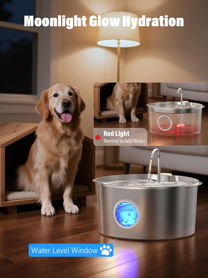 3.4Gal Dog Water Fountain for Large Dogs, Extra Large Stainless Steel Pet Water Fountain, Round Dog Water Bowl Dispenser with Metal Handle, Water Level Window, Supet Quiet Pump for Multi Pet Home