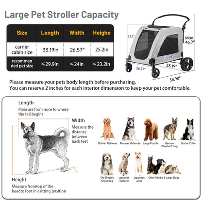 EchoSmile XL Extra Large Dog Stroller - Adjustable Handles,Lightweight Folding Pet Stroller,All-Terrain 4 Wheel for 2 Medium Dogs,Dual Entry Safety Dog Stroller,Capacity 160 lbs,Gray