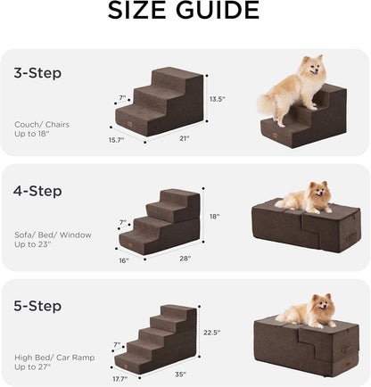 Made4Pets Dog Stairs for High Bed, Extra Wide Pet Stairs for Bed Couch Sofa, 35D Foam Pet Steps for Small Dogs and Cats, Non-Slip Bottom Dog Steps, Brown, 5 Steps