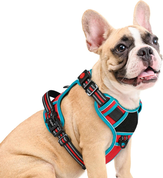 Eagloo Dog Harness Medium Sized, Easy Wearing with 3 Buckles, Adjustable No Pull Pet Harness with 2 Rings for Walking, No Chock Reflective Soft Padded Vest with Control Handle, Red & Teal, M