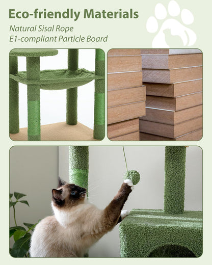 Cactus Cat Tree for Large Cats with Metal Plush Big Hammock, 56.3" Cat Tower for Indoor Cats with 2 Door Condo House, 6-Tier Cat Shelves with Scratching Posts and Large Top Perch,Green