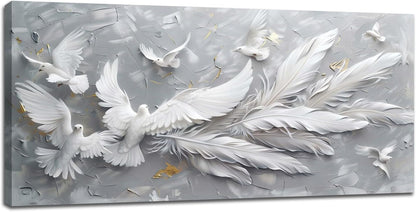 Quorin Feather Dove Bird Large Wall Art White and Gray Peaceful Birds Flying Pictures Holy Wings Wall Decor Canvas Print Painting Artwork for Bathroom Living Room Bedroom 30"x60"