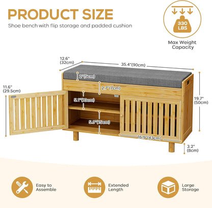 Shoe Storage Bench, Bamboo Entryway Bench with 2 Doors & Padded Seat Cushion, 35.4" W x 12.6" D x 19.7" H, 2-Tier Shoe Rack with Lift Top Hidden Storage, for Entryway, Living Room, Bedroom, Natural