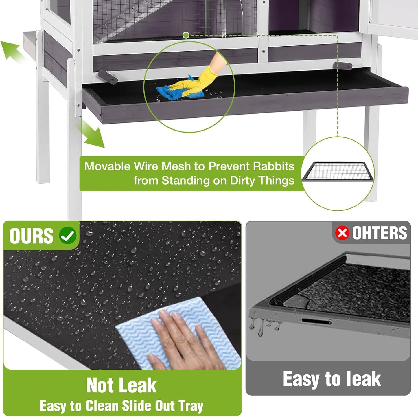GUTINNEEN Indoor Guinea Pig Cage Rabbit Hutch with Chew-Proof Ramp, 2-Story Wooden Bunny House with Pull-Out Trays & Leakproof PVC Layer, Small Animal Cages with Detachable Legs (Gray)