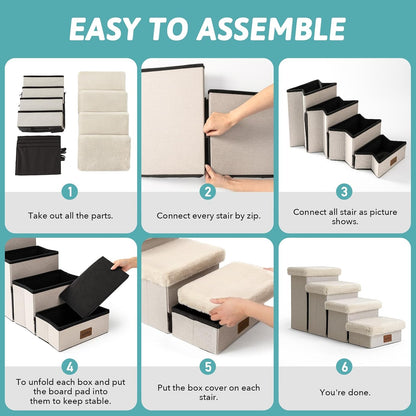 Dog Stair for Small Dogs with Storage, 21" H Foldable Pet Step with Soft Cover, Older Cat Ramp for High Bed or Car, Lightweight, Comfort, 39.7x13x21.2 inch, 5 Tiers, Beige